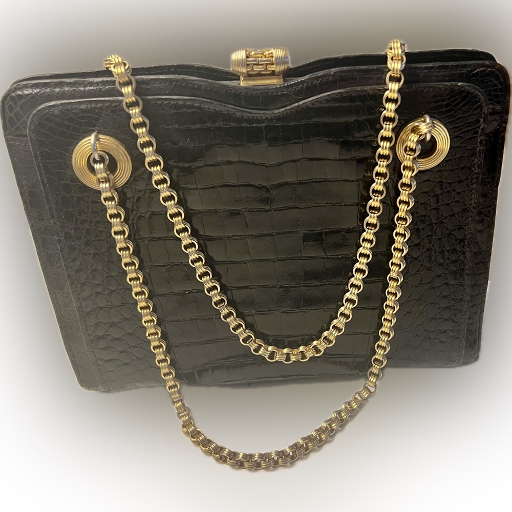 Mark Cross Alligator Vintage Handbag W/ Elegant Gold Chain Shoulder Strap - Picture 4 of 16